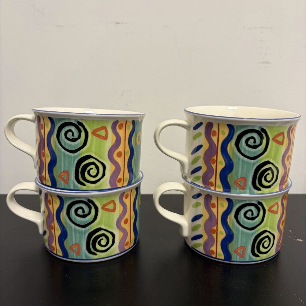 Mikasa Intaglio Colorama Coffee Cup Mugs Set Of 4 Retro Geometric Whimsy Spiral